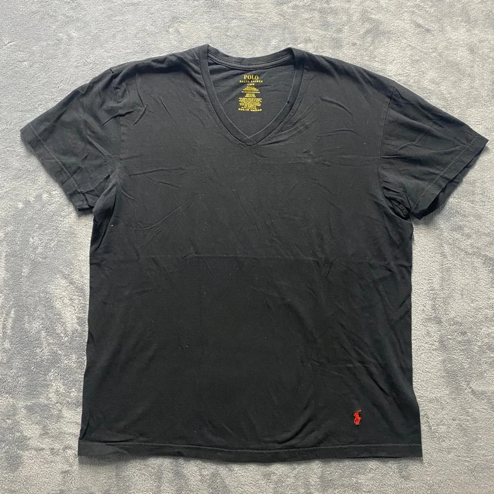 Polo Ralph Lauren V-Neck T-Shirt Mens Large Black Classic Fit Red Pony Logo